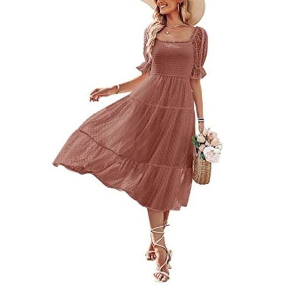 Women's Square Neck Puff Sleeve Boho Midi Dress Swiss Dot Ruffle Flowy Dress xl - Picture 1 of 6